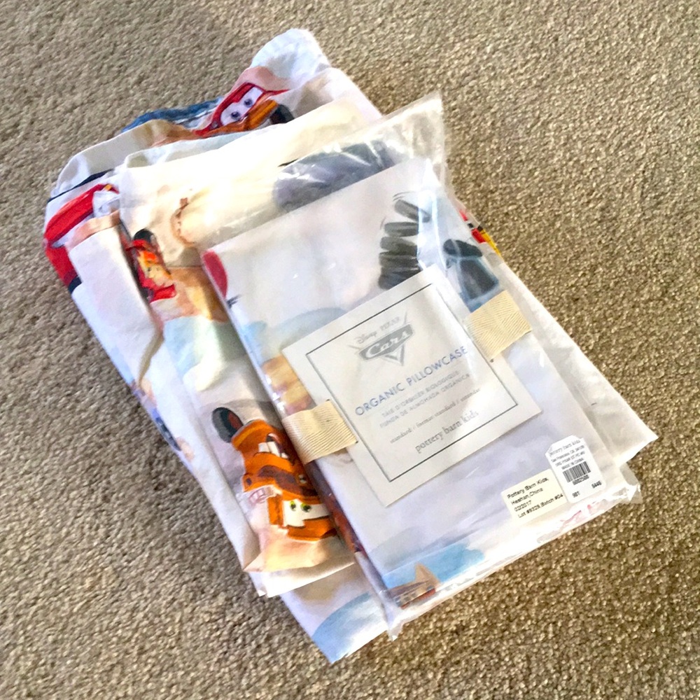Pottery Barn Disney Cars twin top sheet and two pillowcases